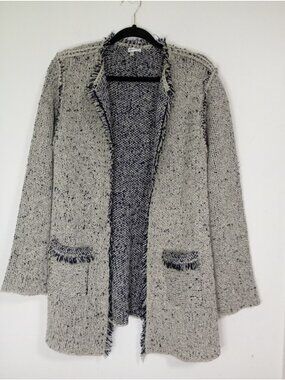 Sioni Womens Fringed Open Front Knit Cardigan Sweater Pockets Gray Blue Size XL